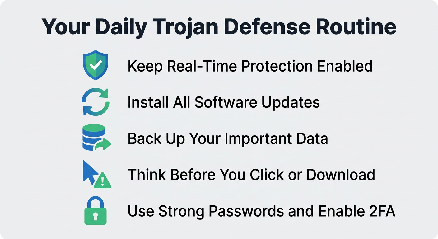 Infographic illustrating the complete lifecycle of a Trojan virus infection, from initial social engineering deception through user execution, payload deployment, backdoor creation, and data exfiltration to a remote attacker command and control server