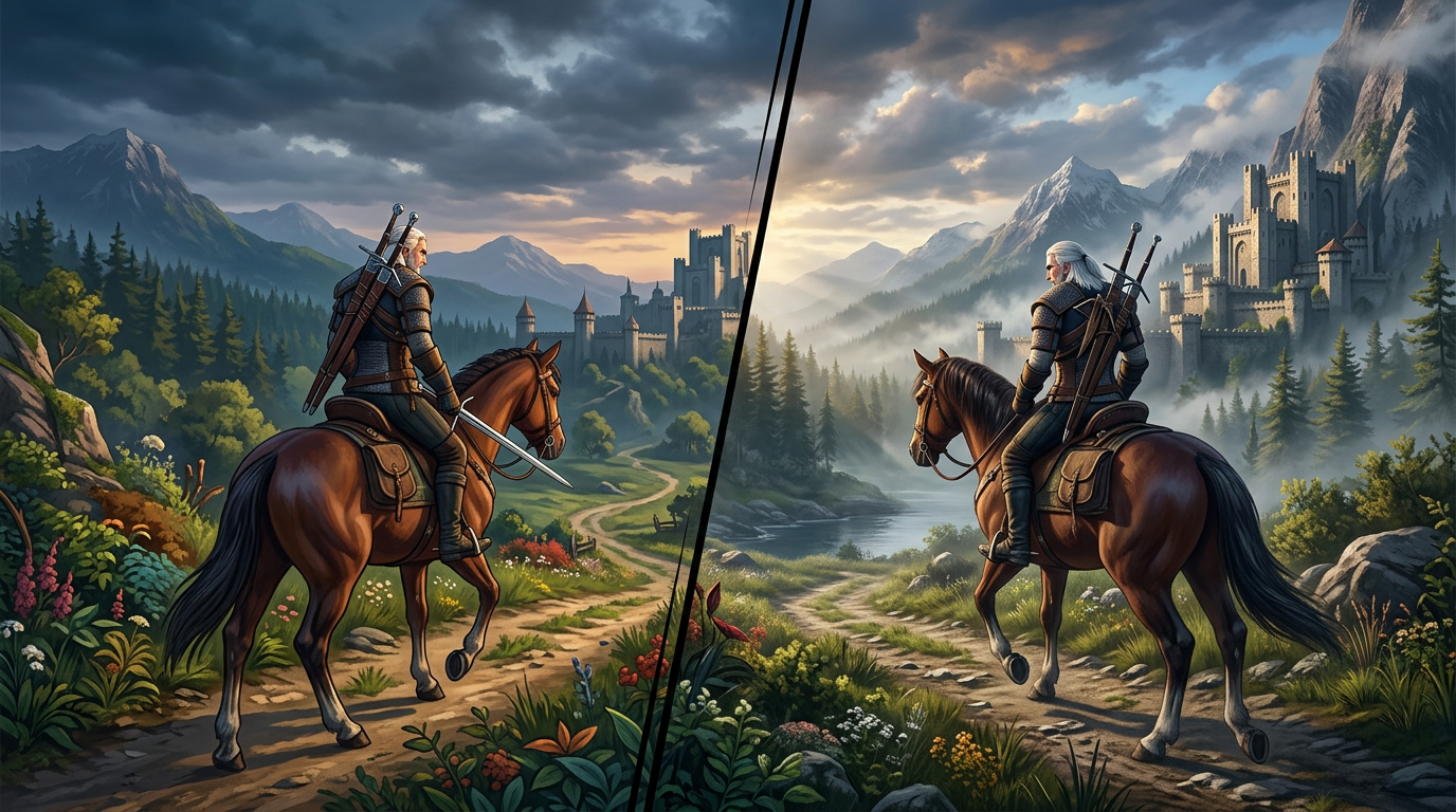 Switch 2与PC版《巫师3:狂猎 — 重制版》画面对比