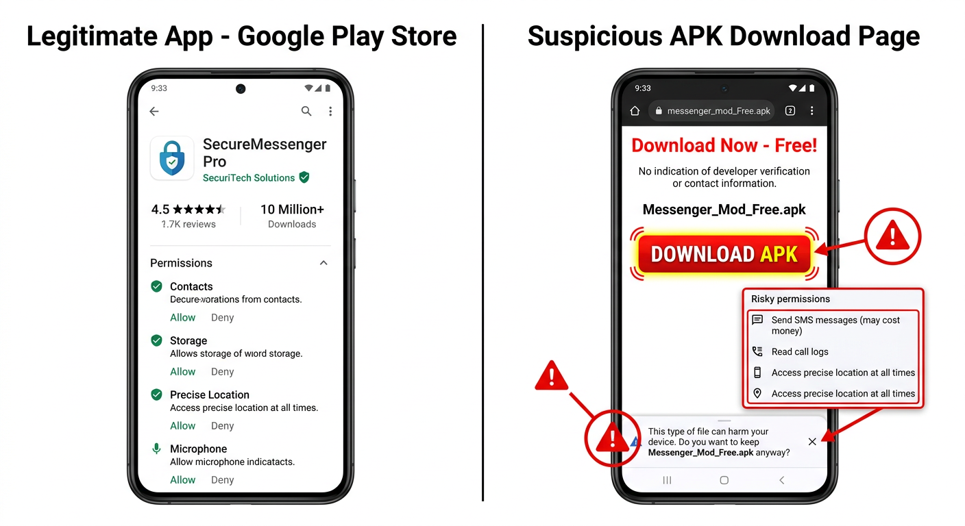 Flowchart diagram illustrating the common infection paths for an Android Trojan virus, showing delivery methods including malvertising, phishing SMS, and third-party APKs leading through installation to payload activation and data exfiltration